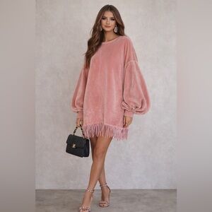 Pink Velvet Fringe Hem Mini Dress